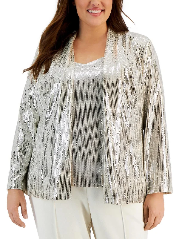 Plus Womens Metallic Dressy Open-Front Blazer