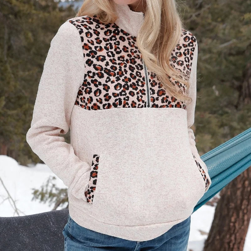 Cruel Women's 1/2 Zip Cream & Leopard Print Sweater Knit Pullover